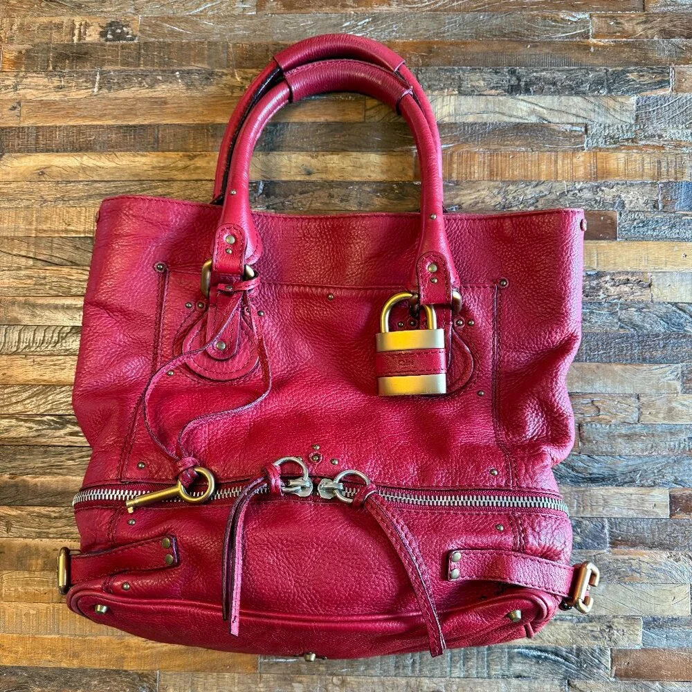 CHLOE l Authentic Red Leather PADDINGTON l Shopper Tote Handbag - Picture 1 of 12